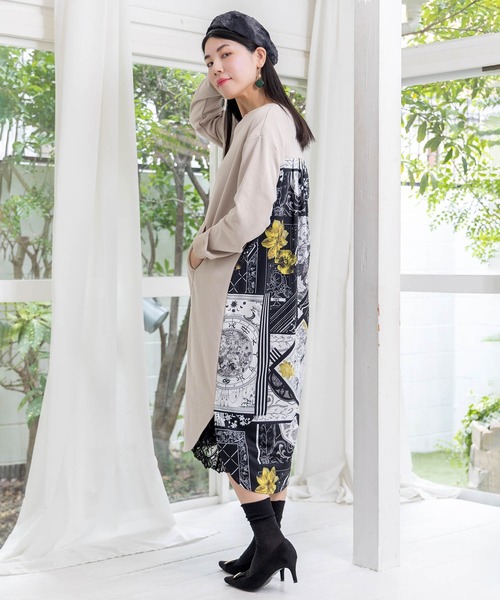 ScoLar(スカラー)の「553242:パッチワーク風柄 異素材切替ワンピース(ワンピース・レディース・杢グレー/ブラック/ベージュ・M)」の3枚目の写真