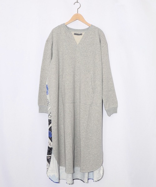 ScoLar(スカラー)の「553242:パッチワーク風柄 異素材切替ワンピース(ワンピース・レディース・杢グレー/ブラック/ベージュ・M)」の2枚目の写真