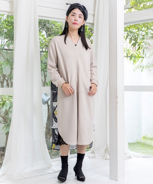 ScoLar(スカラー)の「553242:パッチワーク風柄 異素材切替ワンピース(ワンピース・レディース・杢グレー/ブラック/ベージュ・M)」の4枚目の写真