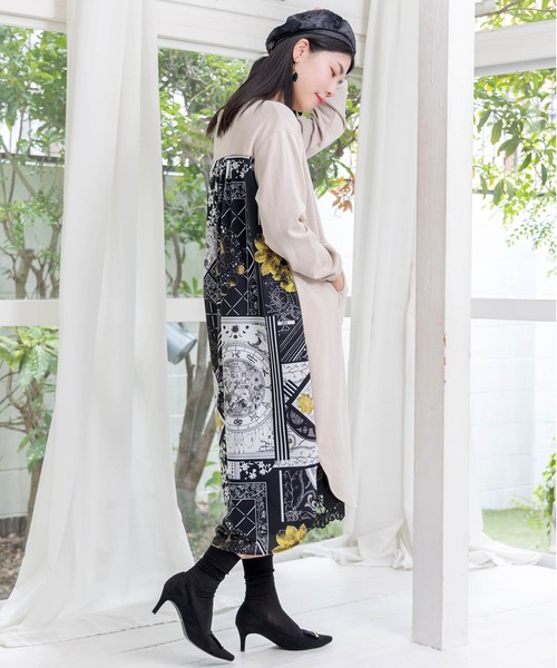 ScoLar(スカラー)の「553242:パッチワーク風柄 異素材切替ワンピース(ワンピース・レディース・杢グレー/ブラック/ベージュ・M)」の5枚目の写真