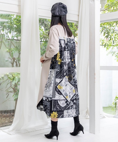 ScoLar(スカラー)の「553242:パッチワーク風柄 異素材切替ワンピース(ワンピース・レディース・杢グレー/ブラック/ベージュ・M)」の6枚目の写真