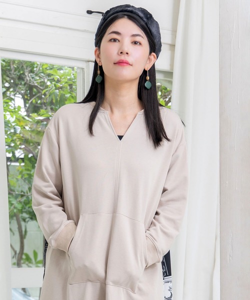 ScoLar(スカラー)の「553242:パッチワーク風柄 異素材切替ワンピース(ワンピース・レディース・杢グレー/ブラック/ベージュ・M)」の7枚目の写真