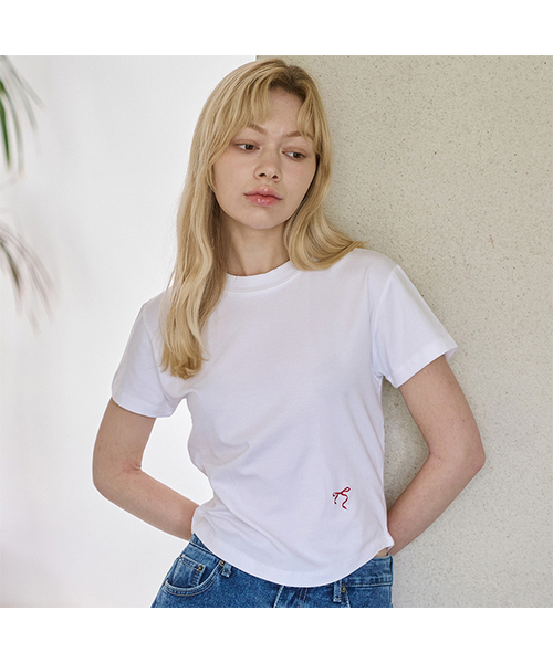 5OML（オーオーエムエル）の「リボンクロップ半袖Tシャツ (4カラー)（Tシャツ/カットソー・レディース・ブラック/オートミール/ホワイト/ライトグレー・LARGE/MEDIUM）」の2枚目の写真