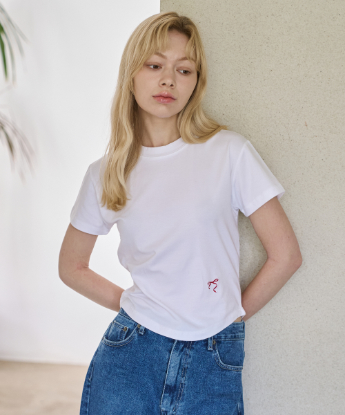5OML（オーオーエムエル）の「リボンクロップ半袖Tシャツ (4カラー)（Tシャツ/カットソー・レディース・ブラック/オートミール/ホワイト/ライトグレー・LARGE/MEDIUM）」の6枚目の写真