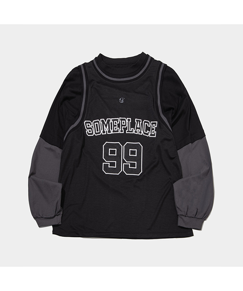 SOME PLACE(サムプレイス)の「99 グラフィックロゴ コットン配色 オーバーサイズ ジャージ ユニフォーム_2COLOR(Tシャツ/カットソー・レディース・ブラック/チャコール・FREE)」の2枚目の写真