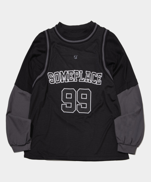 SOME PLACE(サムプレイス)の「99 グラフィックロゴ コットン配色 オーバーサイズ ジャージ ユニフォーム_2COLOR(Tシャツ/カットソー・レディース・ブラック/チャコール・FREE)」の4枚目の写真