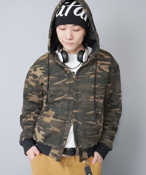 ダウンジャケット　迷彩柄　短丈 phenix (プラスフェニックス) 迷彩柄 フルジップ ダウンジャケット