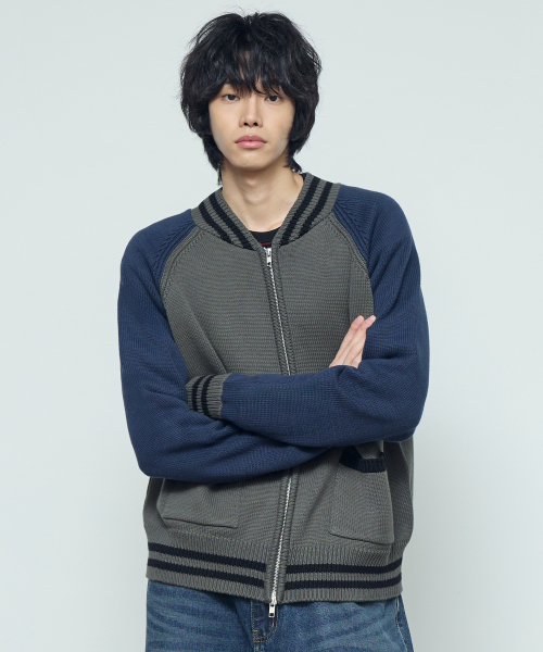 BASEBALL KNIT ZIP UP CARDIGAN(OLIVE & NAVY)