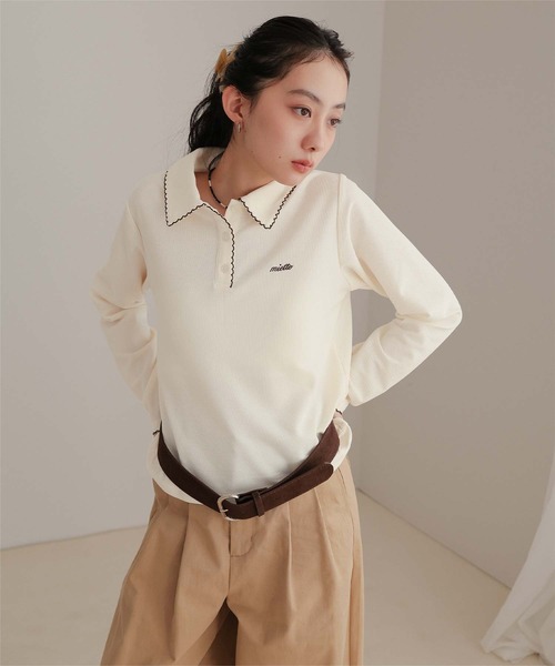 miette(ミエット)の「ピコデザインポロシャツ(ポロシャツ・レディース・チャコール/ネイビー/ブラウン/アイボリー・S/M/L)」の2枚目の写真