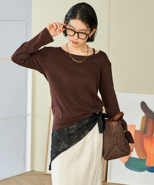 セール】シアーコットン アシンメトリーネック ロンT（Tシャツ