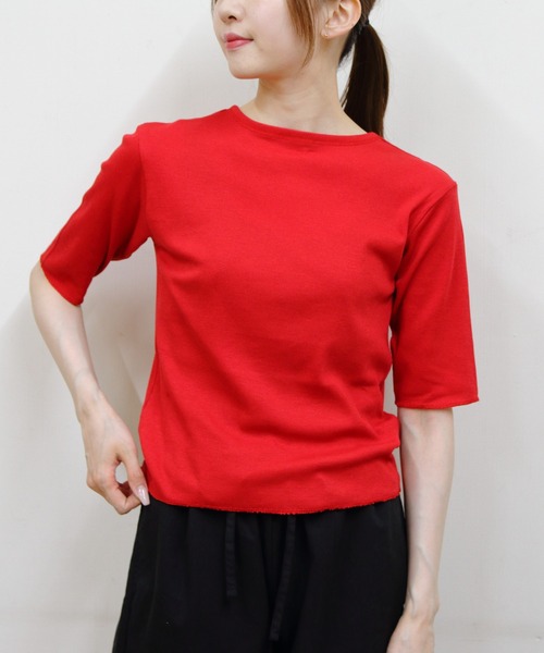 MEYAME(メヤメ)の「MEYAME/メヤメ ソフトリブハーフスリーブTEE SOFT RIB HALF SLEEVE TEE(Tシャツ/カットソー・レディース・ブラック/レッド/ライトグリーン/ピンク・FREE)」の1枚目の写真