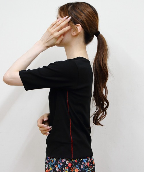 MEYAME(メヤメ)の「MEYAME/メヤメ ソフトリブハーフスリーブTEE SOFT RIB HALF SLEEVE TEE(Tシャツ/カットソー・レディース・ブラック/レッド/ライトグリーン/ピンク・FREE)」の7枚目の写真