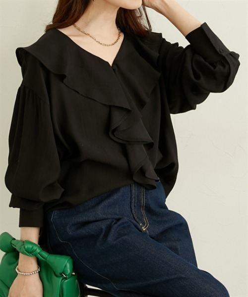 nissen（ニッセン）の「フリルカラーオーバーブラウス（シャツ/ブラウス・レディース・オフホワイト/サックスブルー/ブラック・M/L/LL）」の12枚目の写真