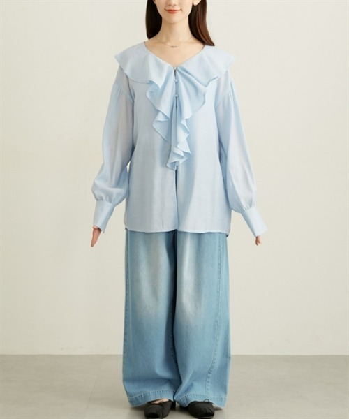 nissen（ニッセン）の「フリルカラーオーバーブラウス（シャツ/ブラウス・レディース・オフホワイト/サックスブルー/ブラック・M/L/LL）」の17枚目の写真