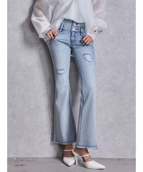 GYDA（ジェイダ）の「ハイウエストBACKクロスダメージフレアデニムパンツ（デニムパンツ・レディース・ライトブルー/ブラック/インディゴブルー・SMALL/X-SMALL/MEDIUM）」の2枚目の写真