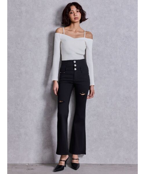 GYDA（ジェイダ）の「ハイウエストBACKクロスダメージフレアデニムパンツ（デニムパンツ・レディース・ライトブルー/ブラック/インディゴブルー・SMALL/X-SMALL/MEDIUM）」の13枚目の写真