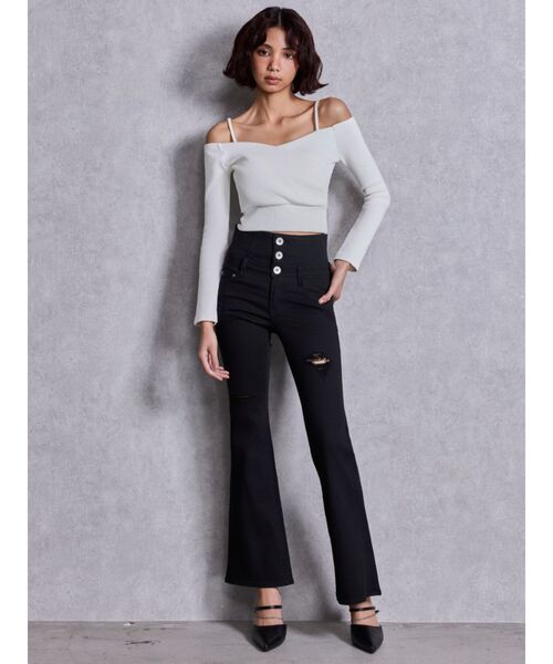 GYDA（ジェイダ）の「ハイウエストBACKクロスダメージフレアデニムパンツ（デニムパンツ・レディース・ライトブルー/ブラック/インディゴブルー・SMALL/X-SMALL/MEDIUM）」の14枚目の写真