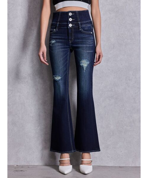 GYDA（ジェイダ）の「ハイウエストBACKクロスダメージフレアデニムパンツ（デニムパンツ・レディース・ライトブルー/ブラック/インディゴブルー・SMALL/X-SMALL/MEDIUM）」の18枚目の写真