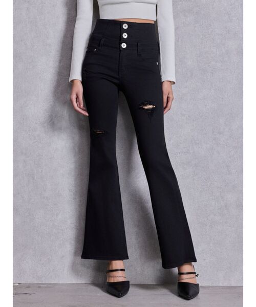 GYDA（ジェイダ）の「ハイウエストBACKクロスダメージフレアデニムパンツ（デニムパンツ・レディース・ライトブルー/ブラック/インディゴブルー・SMALL/X-SMALL/MEDIUM）」の21枚目の写真