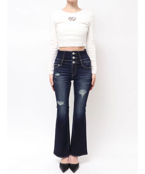 GYDA（ジェイダ）の「ハイウエストBACKクロスダメージフレアデニムパンツ（デニムパンツ・レディース・ライトブルー/ブラック/インディゴブルー・SMALL/X-SMALL/MEDIUM）」の6枚目の写真