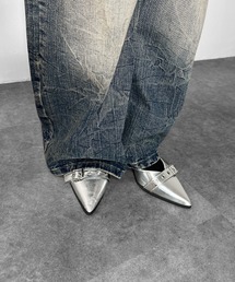 MATU:TA（マトゥータ）の「【履くだけでスタイルアップ】ベルトデザインミュール/2026春夏新作 ポインテッドトゥ パンプス 6cm　シンプル ハトメ アイレット 3サイズ S M L ブラック オフホワイト シルバー（パンプス）」