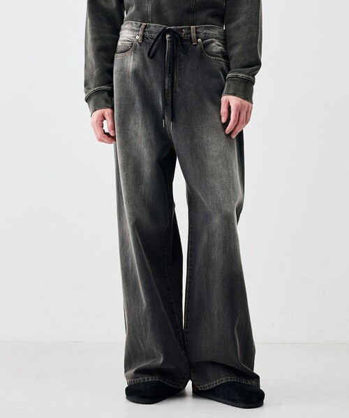 EDITION（エディション）の「ブラックデニム ドローコードパンツ（デニムパンツ・メンズ・ブラック/チャコールグレー・S/M）」の7枚目の写真