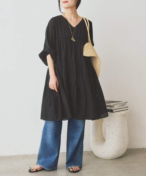 SLOBE IENA(スローブイエナ)の「コットンボイルティアードワンピース(ワンピース・レディース・パープル/ブラック/カーキ・FREE)」の1枚目の写真