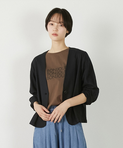 MELROSE claire(メルローズ クレール)の「【リネンレーヨンカラーレスVジャケット】(ノーカラージャケット・レディース・セージグリーン/ダークネイビー/ベージュ・FREE)」の3枚目の写真