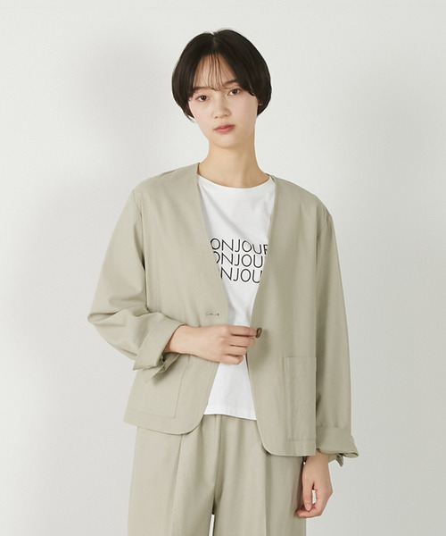 MELROSE claire(メルローズ クレール)の「【リネンレーヨンカラーレスVジャケット】(ノーカラージャケット・レディース・セージグリーン/ダークネイビー/ベージュ・FREE)」の1枚目の写真