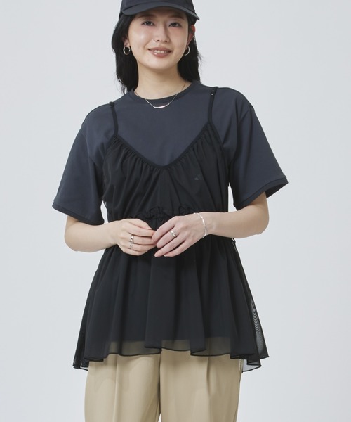 adidas(アディダス)の「【別注】アディダス adidas アルペン 2-in-1 キャミソール 半袖Tシャツ 限定コラボ(Tシャツ/カットソー・レディース・ブラック×グレー/グレー×ホワイト・S/M/L/XL)」の2枚目の写真