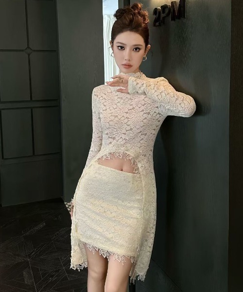 Lana821(ラナハニー)の「フロントオープン総レースドレス スカート付き(ドレス・レディース・ブラック/アイボリー・S/M)」の4枚目の写真