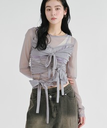 Ezick（エジック）の「ribbon tulle tops フロントリボンシアートップス（Tシャツ/カットソー）」