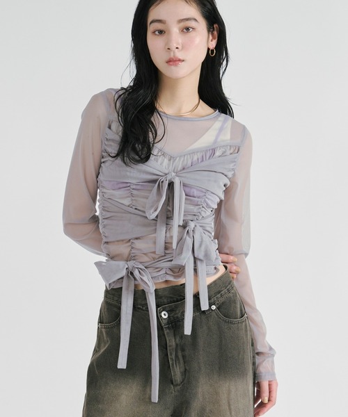 ribbon tulle tops フロントリボンシアートップス(Tシャツ/カットソー ribbon tulle tops フロントリボンシアートップス(Tシャツ/カットソー
