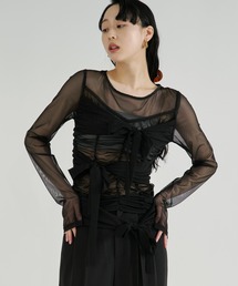 Ezick（エジック）の「ribbon tulle tops フロントリボンシアートップス（Tシャツ/カットソー）」