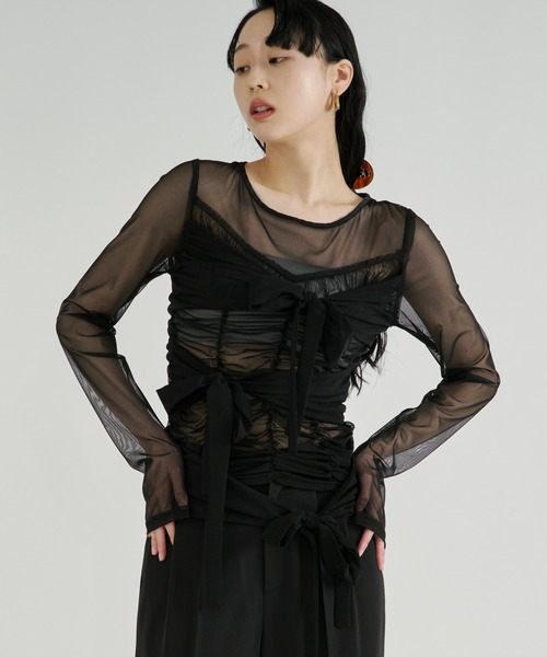 ribbon tulle tops フロントリボンシアートップス（Tシャツ/カットソー