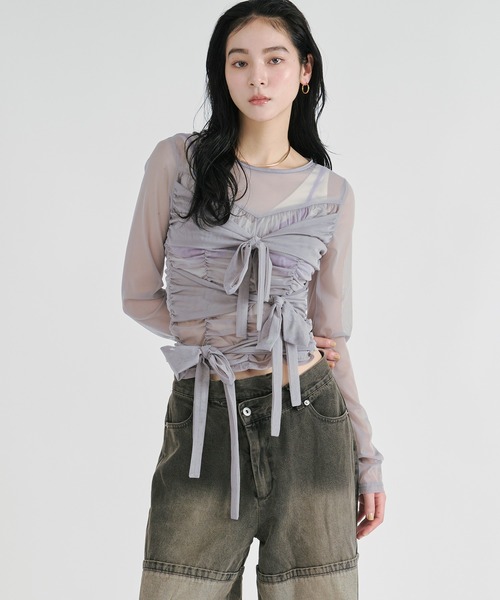 ribbon tulle tops フロントリボンシアートップス（Tシャツ/カットソー