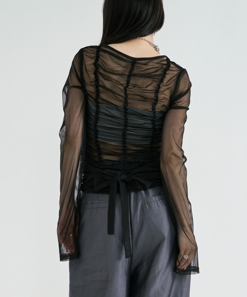 ribbon tulle tops フロントリボンシアートップス（Tシャツ/カットソー