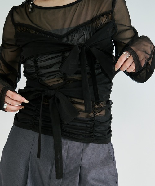 ribbon tulle tops フロントリボンシアートップス（Tシャツ/カットソー