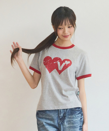 Video Jockey（ビデオジョッキー）の「ダブルハートリンガーTシャツ[メランジグレー]（Tシャツ/カットソー）」
