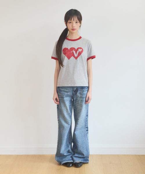 Video Jockey（ビデオジョッキー）の「ダブルハートリンガーTシャツ[メランジグレー]（Tシャツ/カットソー・レディース・ミックスグレー・X-SMALL/MEDIUM）」の2枚目の写真