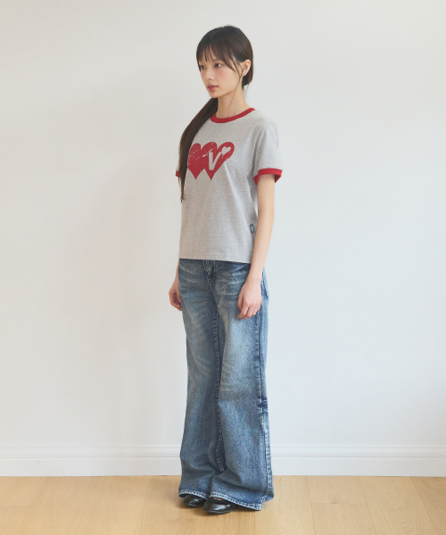 Video Jockey（ビデオジョッキー）の「ダブルハートリンガーTシャツ[メランジグレー]（Tシャツ/カットソー・レディース・ミックスグレー・X-SMALL/MEDIUM）」の3枚目の写真