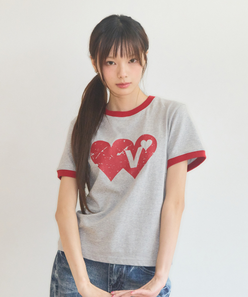 Video Jockey（ビデオジョッキー）の「ダブルハートリンガーTシャツ[メランジグレー]（Tシャツ/カットソー・レディース・ミックスグレー・X-SMALL/MEDIUM）」の4枚目の写真