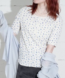 "04"≪JEMORGAN≫パックT ワッフル & 針抜きフライス 花柄 ハーフスリーブ ヘンリーネック Tシャツ
