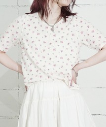 "04"≪JEMORGAN≫パックT ワッフル & 針抜きフライス 花柄 ハーフスリーブ ヘンリーネック Tシャツ