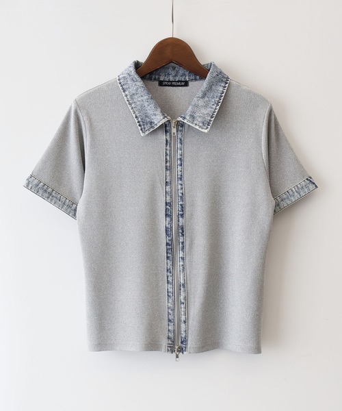 SpRay(スプレイ)の「テレコデニム切替ZIPショートスリーブトップス(Tシャツ/カットソー・レディース・ネイビー/アイボリー/グレー/ブラック・FREE)」の13枚目の写真