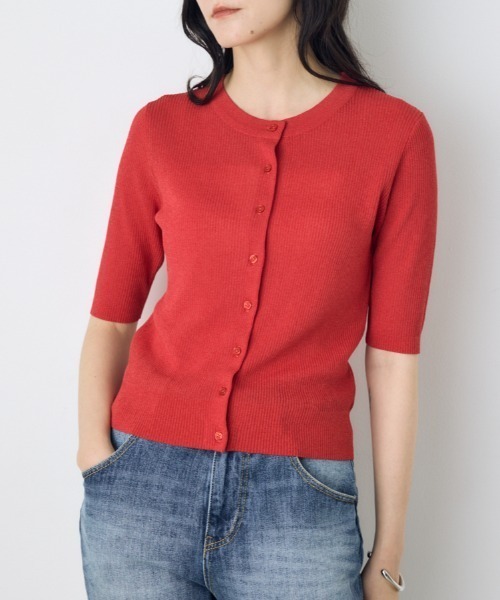 AZUL by moussy(アズールバイマウジー)の「【身長別着用画像あり】シアーリブ5分袖カーディガン 春服 夏服 秋服 シアートップス 冷房対策(カーディガン/ボレロ・レディース・ライトブラック/レッド/オフホワイト/杢グレー・SMALL/MEDIUM)」の4枚目の写真
