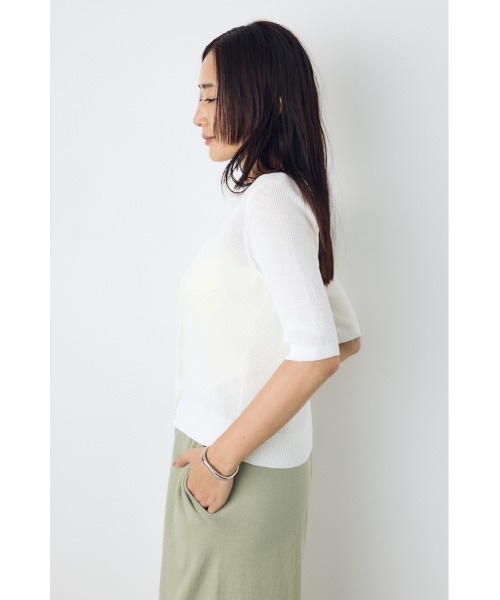AZUL by moussy(アズールバイマウジー)の「【身長別着用画像あり】シアーリブ5分袖カーディガン 春服 夏服 秋服 シアートップス 冷房対策(カーディガン/ボレロ・レディース・ライトブラック/レッド/オフホワイト/杢グレー・SMALL/MEDIUM)」の7枚目の写真