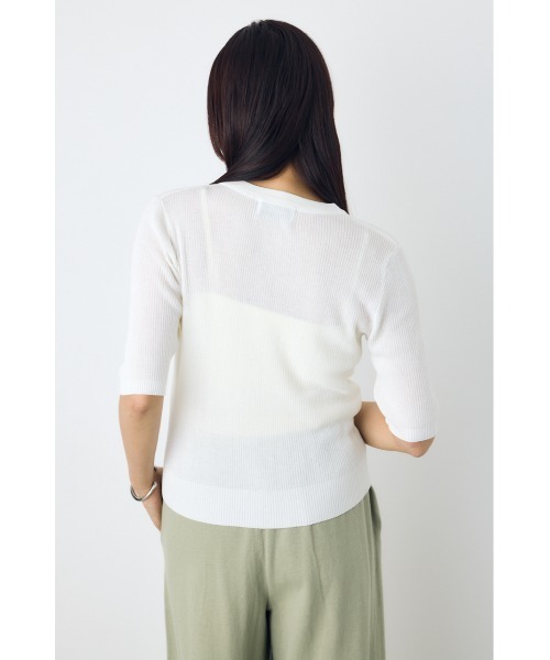 AZUL by moussy(アズールバイマウジー)の「【身長別着用画像あり】シアーリブ5分袖カーディガン 春服 夏服 秋服 シアートップス 冷房対策(カーディガン/ボレロ・レディース・ライトブラック/レッド/オフホワイト/杢グレー・SMALL/MEDIUM)」の8枚目の写真
