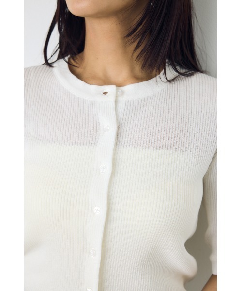 AZUL by moussy(アズールバイマウジー)の「【身長別着用画像あり】シアーリブ5分袖カーディガン 春服 夏服 秋服 シアートップス 冷房対策(カーディガン/ボレロ・レディース・ライトブラック/レッド/オフホワイト/杢グレー・SMALL/MEDIUM)」の10枚目の写真