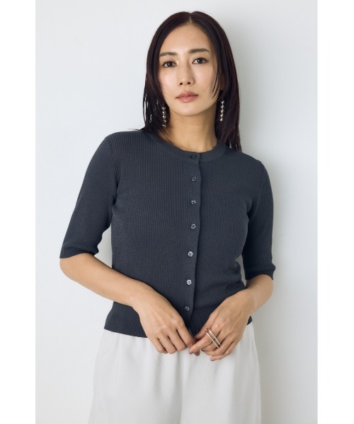 AZUL by moussy(アズールバイマウジー)の「【身長別着用画像あり】シアーリブ5分袖カーディガン 春服 夏服 秋服 シアートップス 冷房対策(カーディガン/ボレロ・レディース・ライトブラック/レッド/オフホワイト/杢グレー・SMALL/MEDIUM)」の14枚目の写真